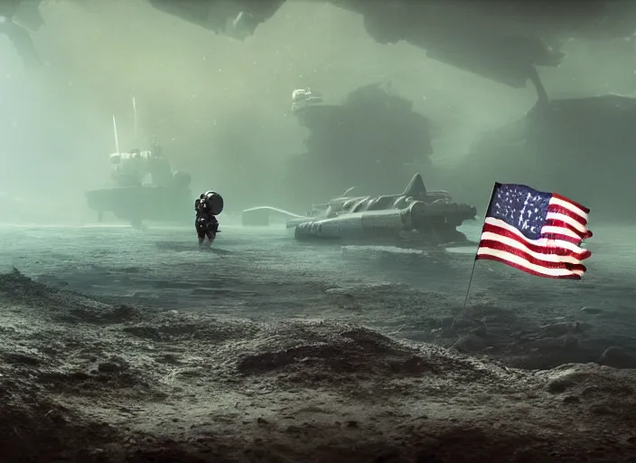 Image similar to astronaut holding a flag in an underwater desert. a submarine is visible in the distance. dark, concept art, cinematic, dramatic, atmospheric, 8 k, trending on artstation, blue, fish, low visibility, fog, ocean floor, christopher nolan, interstellar