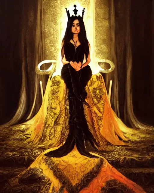 Image similar to an illustration of a dark queen on a throne at night by jose alsina, realistic, detailed, oil painting, 1 9 th