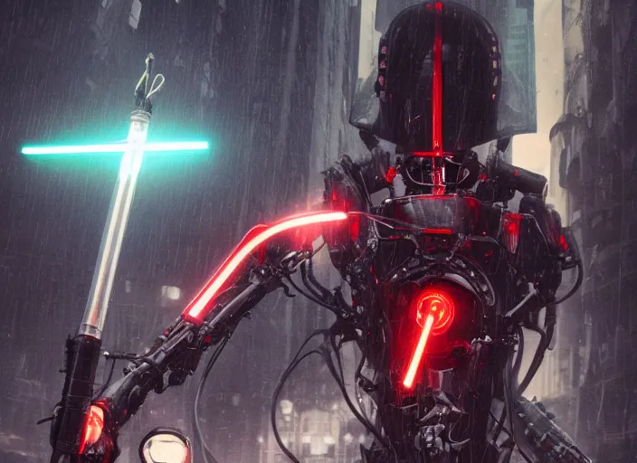 Image similar to 3 5 mm portrait photo of ( general grievous )!! with heavy duty biomechanical cybernetic body with ( four arms holding 4 activated red lightsabers )!! in the city in the rain. cyberpunk horror style.