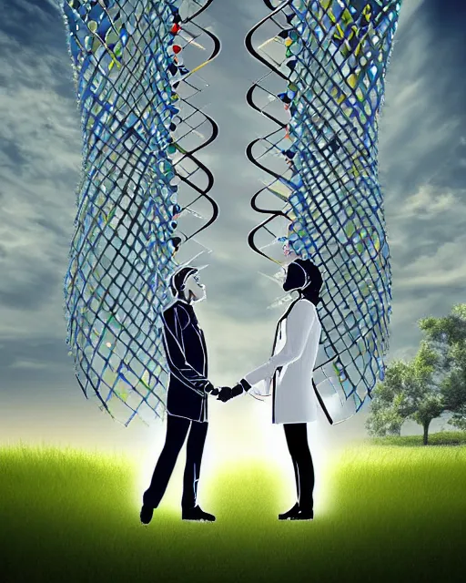 Image similar to in a field, two scientists in lab coats encounter a monster shaped like the DNA double helix, digital art