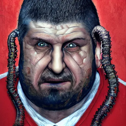 Prompt: bodyhorror portrait of ramzan kadyrov who became an ugly retarded lovecraftian monstrosity, photo - realistic, color image, 2 k, highly detailed