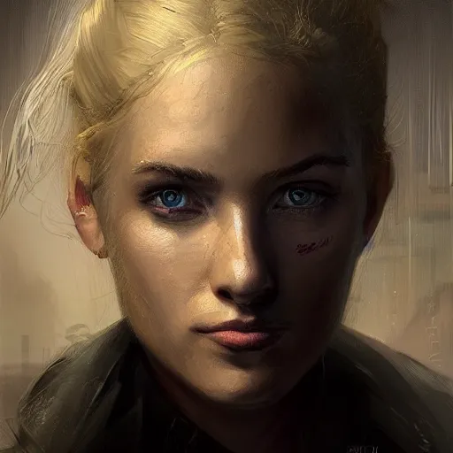 Prompt: Portrait of a woman by Greg Rutkowski, she is about 20 years old, ukrainian, blonde hair with two strands around her face, young, attractive, athletic, badass, kinda dad but friendly look, she is wearing futuristic military fatigues, highly detailed portrait, scifi, digital painting, artstation, concept art, smooth, sharp foccus ilustration, Artstation HQ