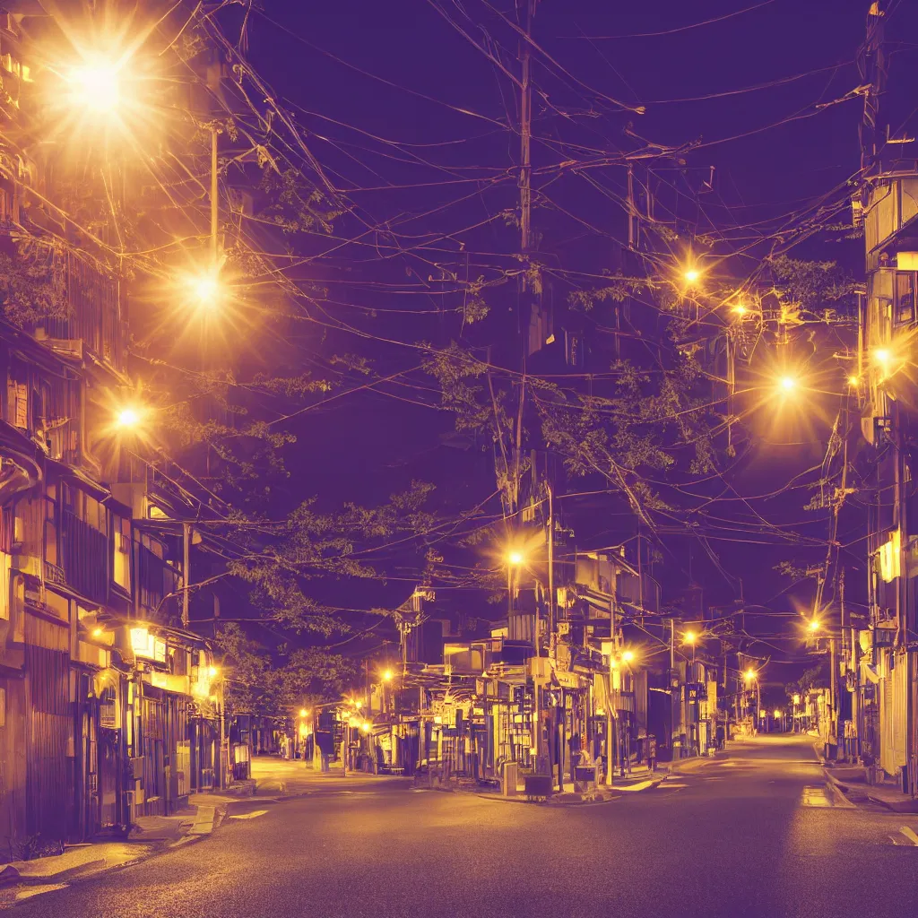 Image similar to photograph of kyoto street at night, bright street lamps, lens flare