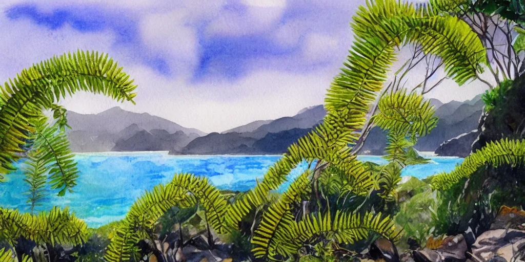 Prompt: golden bay new zealand, abel tasman, native NZ bush ferns, colorful watercolor painting, trending on artstation