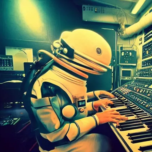 Image similar to an astronaut, using a synthesizer in a music studio, [ floating ]!!, synthwave art style, trending on cgsociety, golden ratio!!!, centered!!!