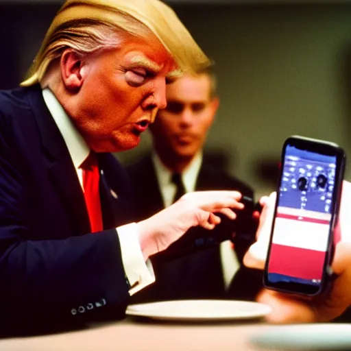 Prompt: photo donald trump using his iphone, cinestill, 800t, 35mm, full-HD