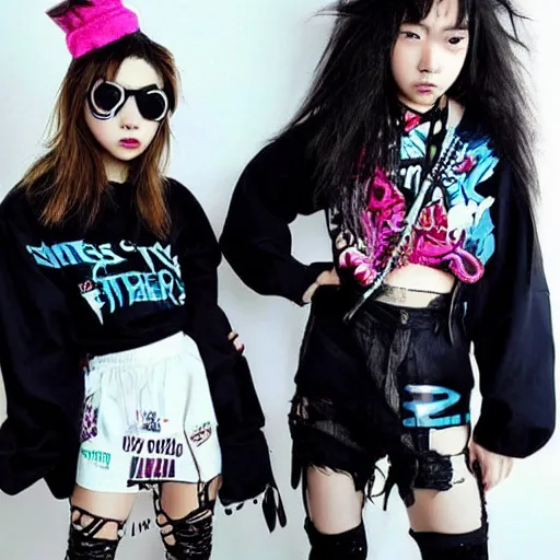 Image similar to fruits magazine steetwear photo of chaotic cute cool rocker fashion worn by teens teens in the far future, futuristic!!! haute couture fashion!!!!