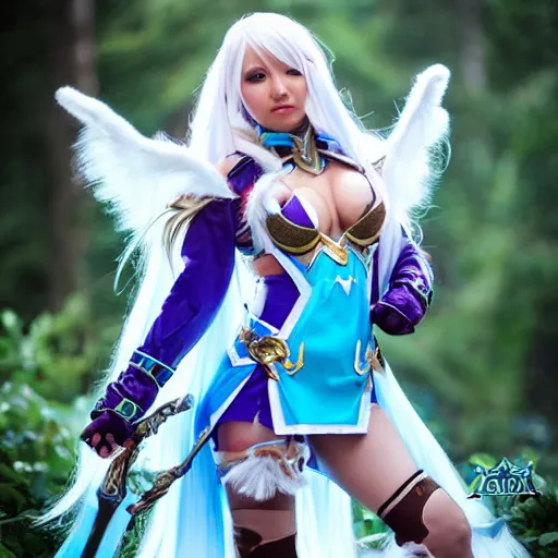 Image similar to photograph of a girl cosplaying Crystal Maiden from Dota 2, HD, award winning photography, uploaded on Facebook, highly detailed