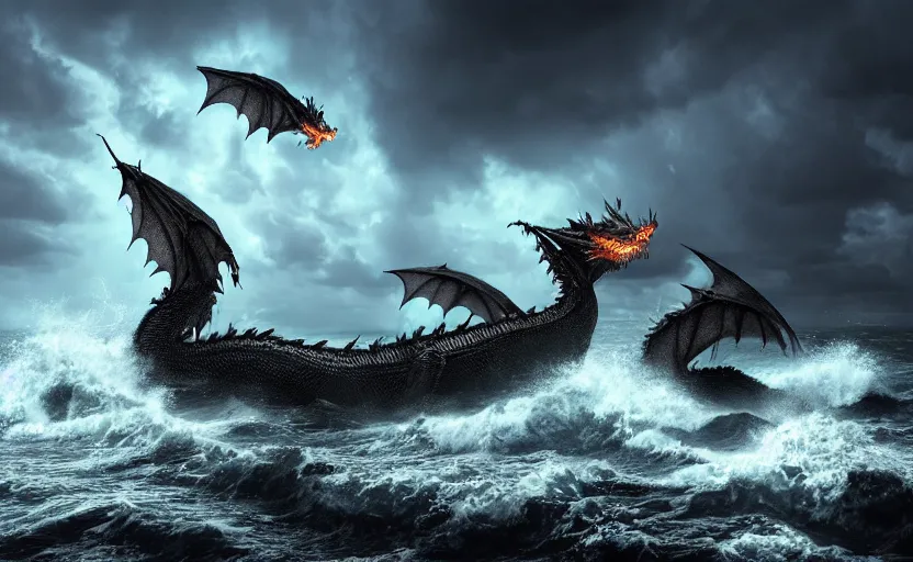 Prompt: a dragon with three heads emerging from the ocean during a storm, dramatic lighting, cinematic, high coherence, hyperrealistic, anatomically correct, path traced, highly detailed, high quality, 8 k hdr, octane render, unreal engine 5, trending on artstation, epic image, turbulent sea, concept art, digital art