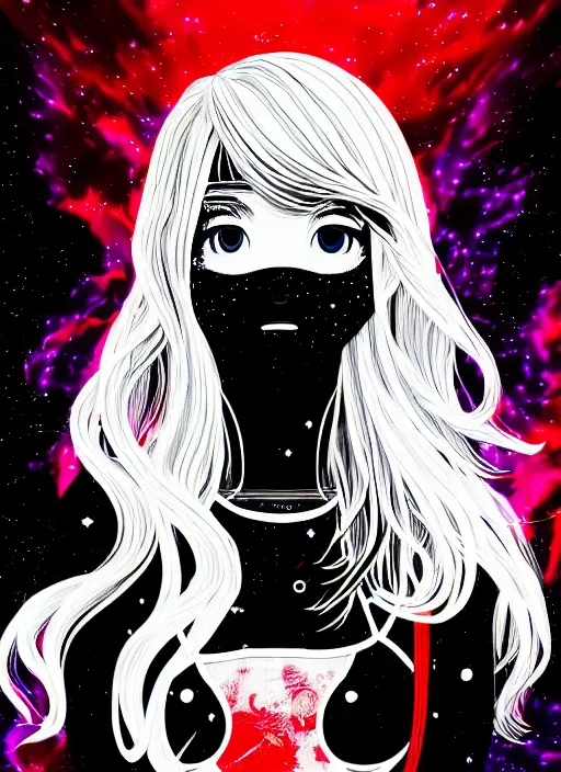 Prompt: highly detailed portrait of a hopeful pretty astronaut lady with a wavy blonde hair, by Jim Mahfood , 4k resolution, nier:automata inspired, bravely default inspired, vibrant but dreary but upflifting red, black and white color scheme!!! ((Space nebula background))