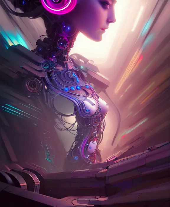 Image similar to whirlwind souls rushing inside metaverse, half body, tiara, robotic, android, cyborg, cyberpunk face, by loish, d & d, fantasy, intricate, elegant, highly detailed, colorful, vivid color, digital painting, artstation, concept art, art by artgerm and greg rutkowski and alphonse mucha and ruan jia