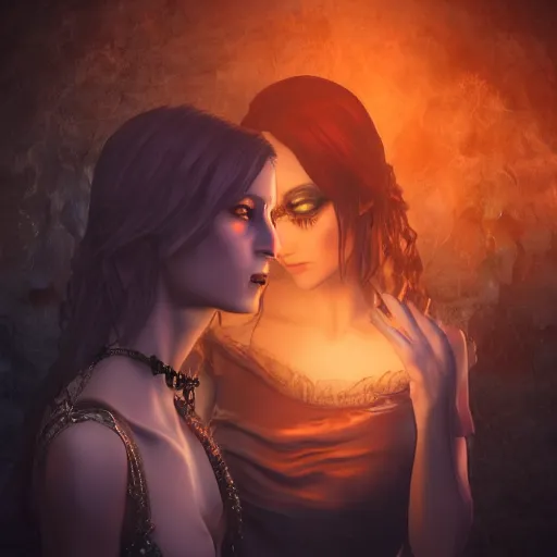 Prompt: A portrait of two Gothic goddesses of fire jewels in an empty land, dark and mysterious, volumetric lighting, lively atmospheric, cinematic, 8k, 4k, ultra detail, ultra-realistic, rendered by DeviantArt