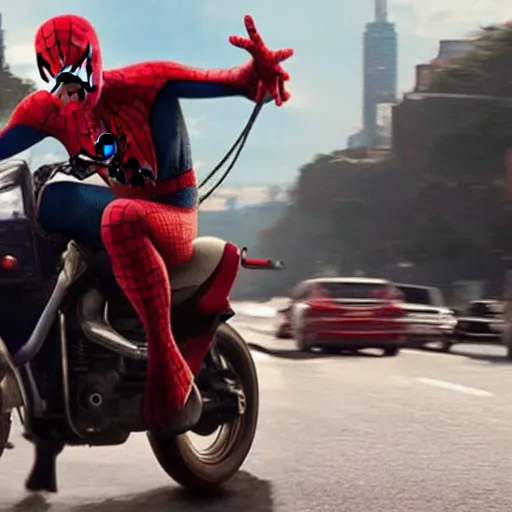 Image similar to spiderman riding a motorcycle , movie scene, cinematic, trailer Hollywood