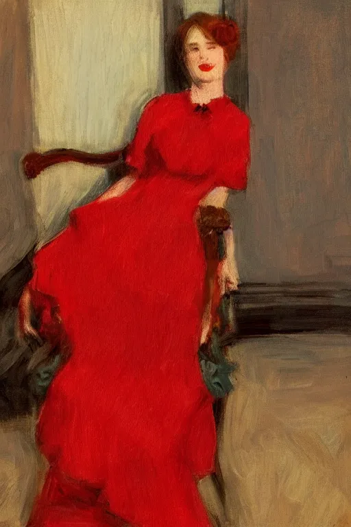 Prompt: a red dress laid across a chair in a dark victorian era room. in the style of american impressionism painting.