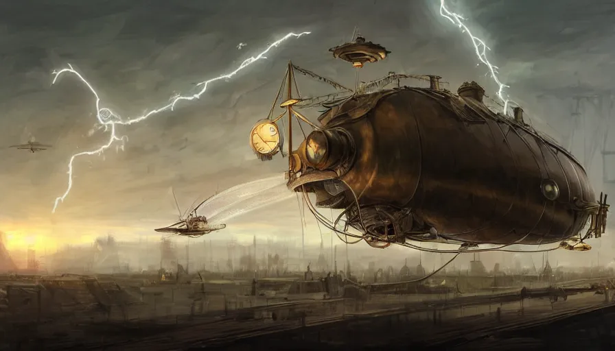 Image similar to a concept art of a steampunk airship exiting it's hanger to sail away in the morning sky, concept art, trending on artstation, steampunk, volumetric lightning