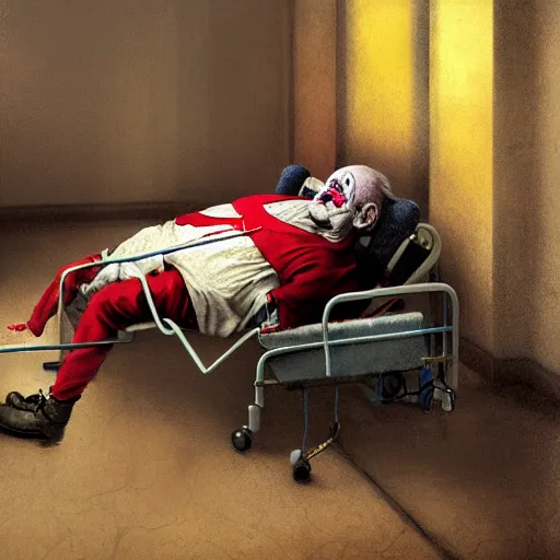 Image similar to elderly clown restrained to hospital bed with wrist restraints attached to hospital bed, greg rutkowski, photograph, 8 k