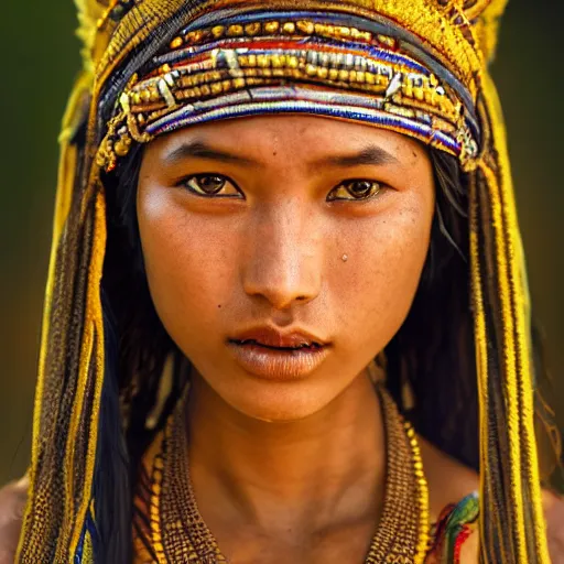 Image similar to portrait of a stunningly beautiful alluring nepalese tribal female, depth of field, zeiss lens, detailed, symmetrical, centered, fashion photoshoot, by annie leibovitz and steve mccurry, david lazar, jimmy nelsson, breathtaking, 8 k resolution, extremely detailed, beautiful, establishing shot, artistic, hyperrealistic, beautiful face, octane render