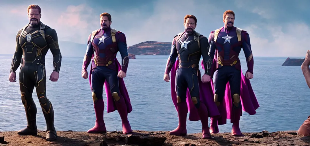 Prompt: a very high resolution image from a new movie. thanos kissing tony stark while capitan america watches on a lake, photorealistic, photography, directed by wes anderson