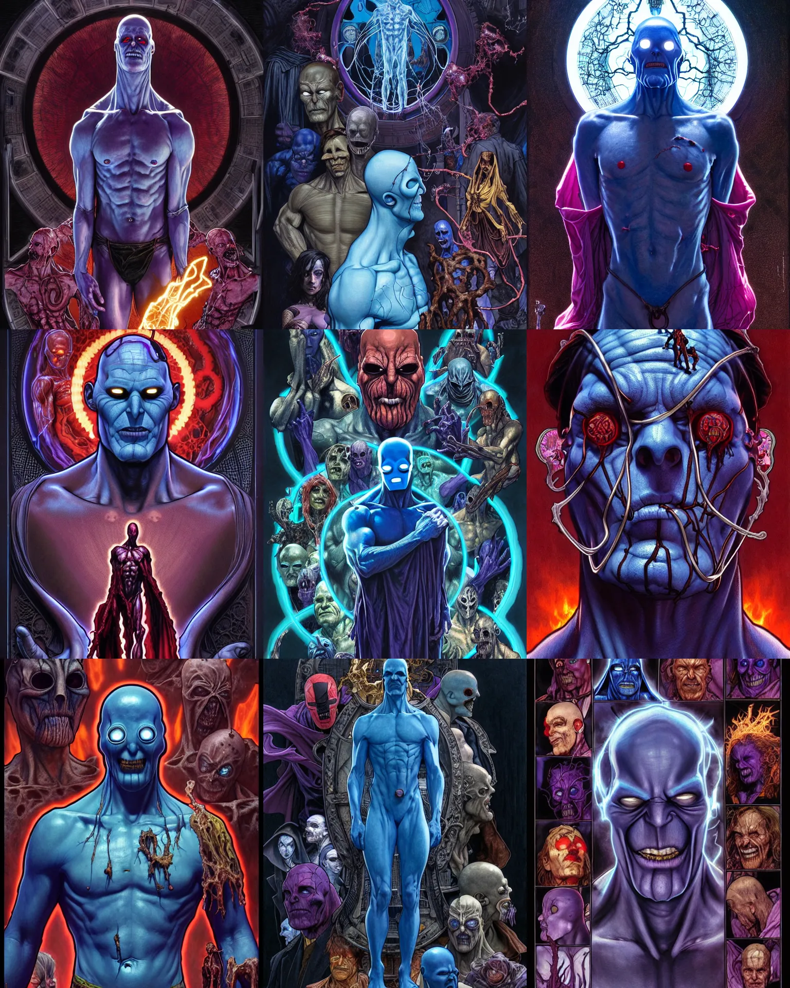Prompt: the platonic ideal of watchmen of cletus kasady ultimate carnage thanos dementor doctor manhattan chtulu nazgul, detailed, intricate, hyperrealism, intense, scary, decay, dmt, art by brock hofer and artgerm and greg rutkowski and alphonse mucha
