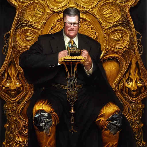 Image similar to perfectly centered portrait of hank hill in gold gothic robe sitting on a throne of black bones, highly detailed painting by gaston bussiere, craig mullins, j. c. leyendecker, 8 k, mid shot