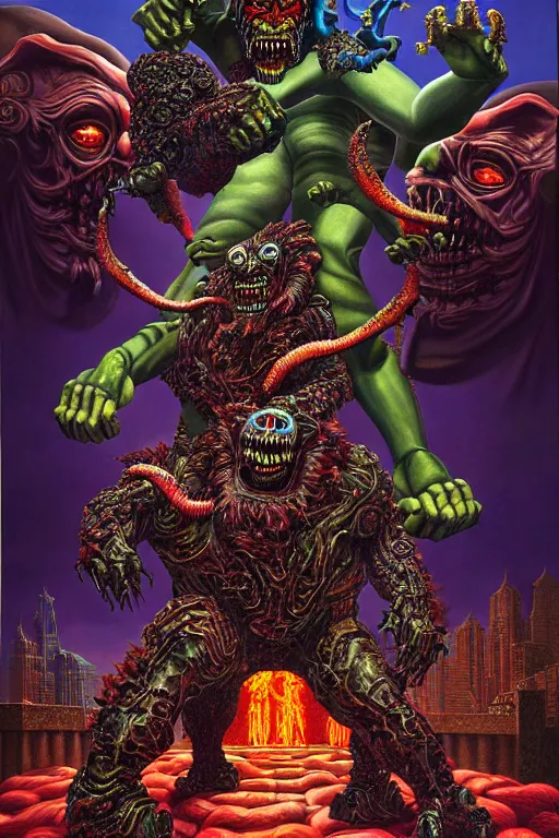 Image similar to a hyperrealistic painting of an epic boss fight against an ornate supreme dark overlord, cinematic horror by chris cunningham, lisa frank, richard corben, highly detailed, vivid color,