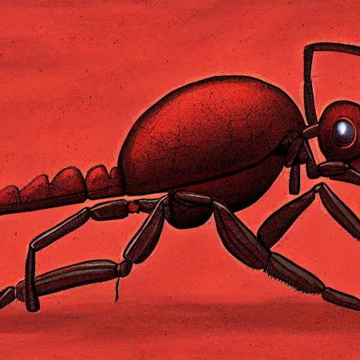 Prompt: An giant red ant piloting a ancient rusty spaceship, digital painting