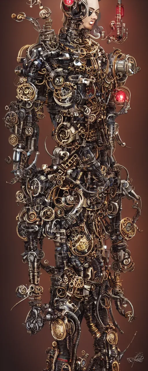 Image similar to full body portrait of a steampunk sci-fi cyborg pirate bionic man, third person, D&D, sci-fi fantasy, cogs and springs and jewels, intricate, gold with black and red fringe highlights, highly detailed, art by Range Murata, highly detailed, 3d, octane render, bright colors, digital painting, trending on artstation, sharp focus, illustration style of Stanley Artgerm, dramatic cinematic background