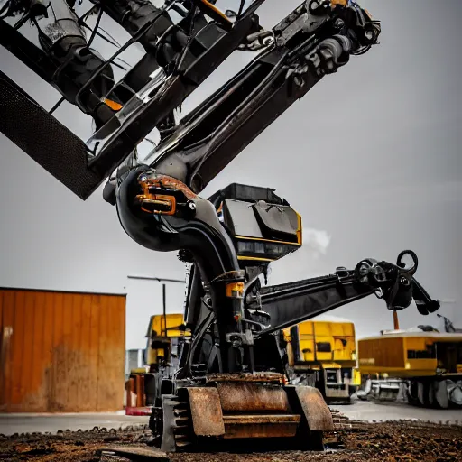 Image similar to giant scary treaded mining automated machine with drill, mining scrap metal, highly detailed body, retro, industrial, dark, dystopian, apocalyptic, clean, 8 5 mm f / 1. 4