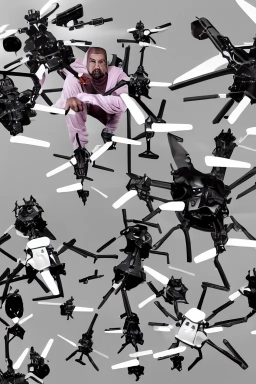 Image similar to kanye west in dream fantasy world surrounded by 8 drones