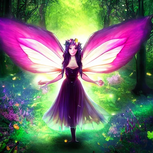 Image similar to evil fairy princess with galaxy wings residing in a deep dark forest grove, beautiful colorful pretty artistic 4 k artstation trending dynamic dramatic lighting realistic floral garden blooming flowers high contrast light and dark magnificent