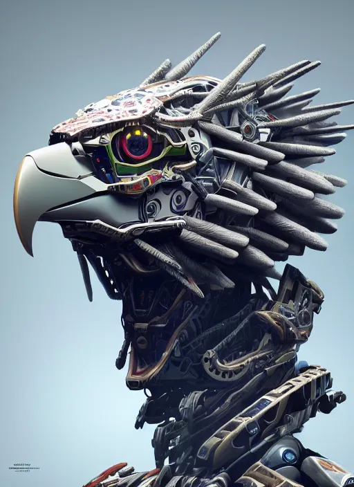 Image similar to symmetry!! portrait of a hybrid robot eagle, floral! horizon zero dawn machine, intricate, elegant, highly detailed, ray tracing, unreal 5 render, digital painting, artstation, concept art, smooth, sharp focus, illustration, art by greg rutkowski, 8 k