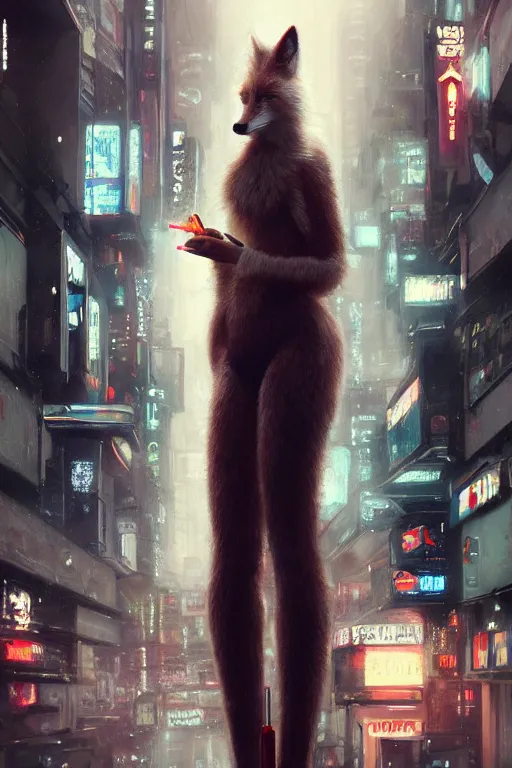 Image similar to beautiful portrait of a tall white female anthro fox smoking a cigarette towering head and shoulders above the bustling crowd of a rainy city street around her, cyberpunk clothes, harsh neon lights, highly detailed, sharp focus, digital painting, illustration, trending on artstation, art by sakimichan, wlop, greg rutkowski
