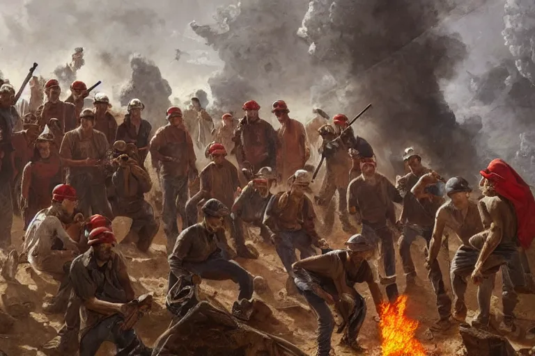 Image similar to intense dramatic still of a ragtag group of miners and factory workers with improvised weapons and firearms and red bandanas around their necks, on the surface of an asteroid, outside of a high tech scifi industrial building, oil painting by charles frederic ulrich, pablo olivera, normal rockwell, greg rutkowski, trending on artstation, incredible detail