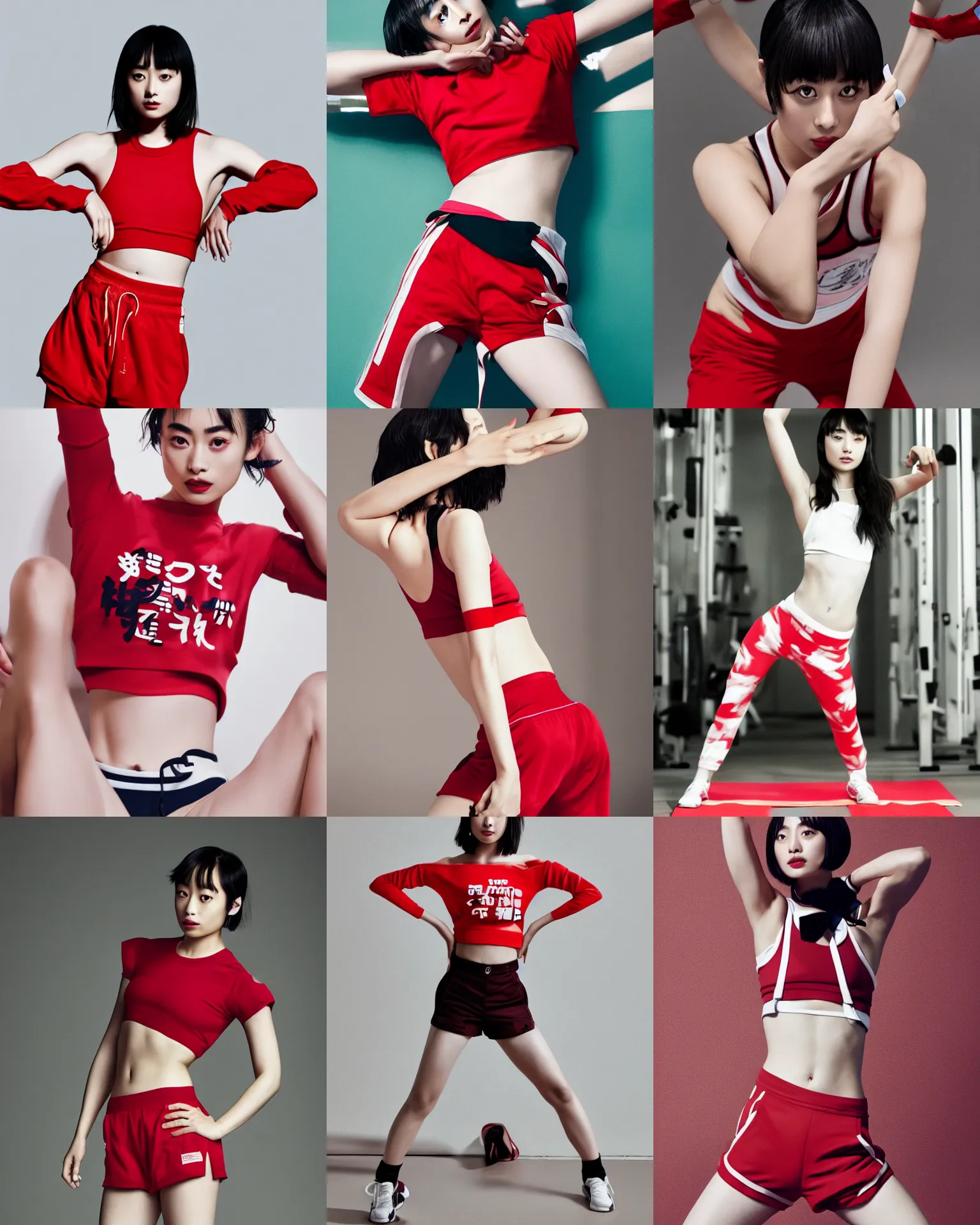 Prompt: suzu Hirose wearing crop red gym top with white lettering, cropped red yoga short, Advertising photography by Mario Testino, wlop, masterwork