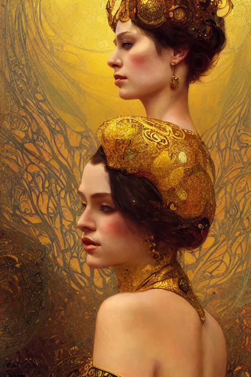 Image similar to an intricate painting of a beautiful young lady with an artistic sensual pose with klimt golden motives and textures, hyper detailed, ornamental gold headpiece, octane render, vivid colors, artstation, by jeremy mann, by alphonse mucha, by boris vallejo