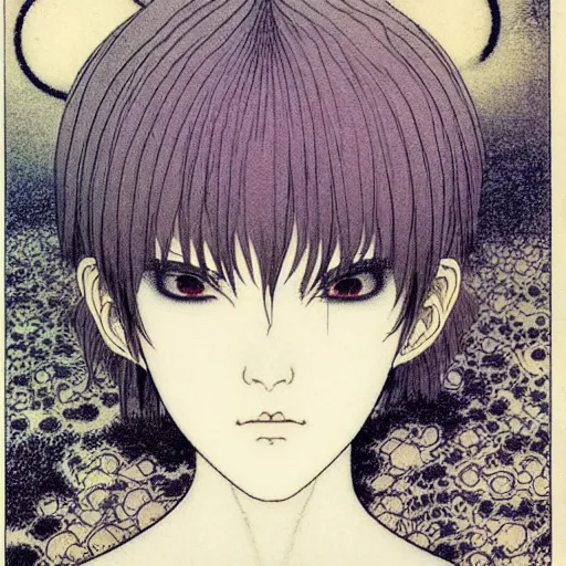 Image similar to prompt: Fragile looking soft light portrait face drawn by Takato Yamamoto and Katsuhiro Otomo, inspired by Ghost in Shell anime, magical and alchemical objects on the side, soft light, intricate detail, intricate ink painting detail, sharp high detail, manga and anime 2000