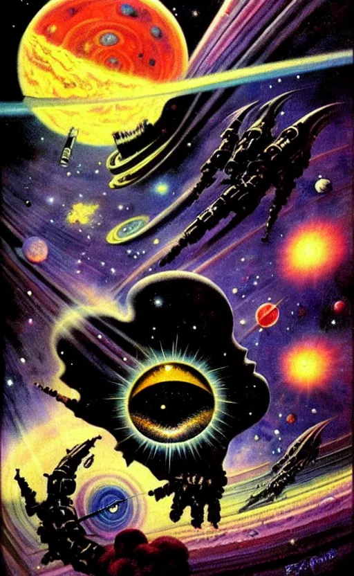 Image similar to trippy psychedelic cosmic eyes in outer space illustration by frank frazetta