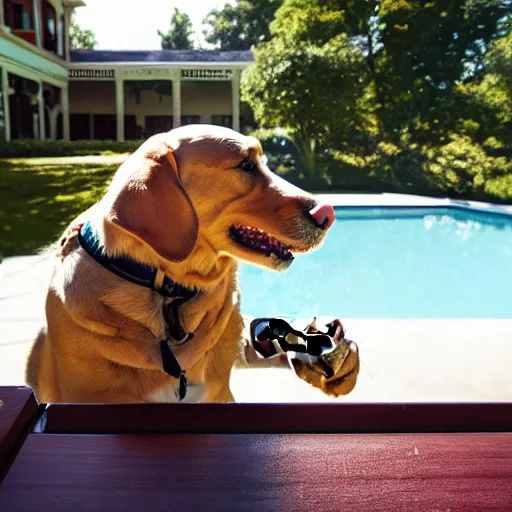 Image similar to a very detailed photo of a dog smoking a cigar outside the mansion by the pool