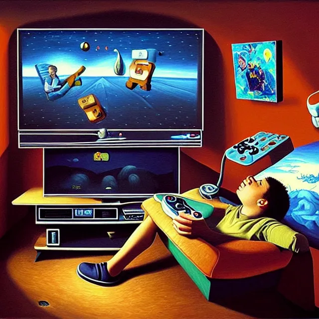 Prompt: an oil on canvas portrait of a teenager in his room playing videogames and watch television, surrealism, surrealist, cosmic horror, rob gonsalves, high detail