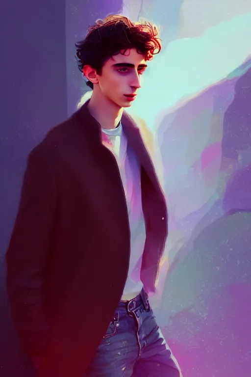 Image similar to a man looks like timothee chalamet, blurred environment background, colorful magic effects, white skin, portrait, male, clothed, sharp focus, digital art, concept art, trending on artstation, dynamic lighting, by emylie boivin and rossdraws