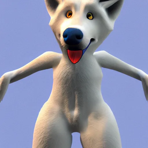 Prompt: 3 d render, well toned, large and tall, female, anthropomorphic wolf with a short snout, furless, blue scales with white spots, blue scales covering her chest.