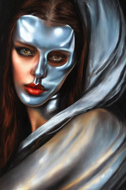 Image similar to hyperrealism oil painting, close - up portrait of european medieval brunette vampire fashion model, knight, steel gradient mixed with nebula sky, in style of baroque