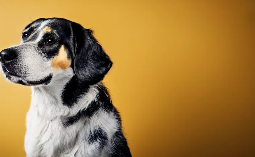 Image similar to studio photography of a dog sitting in front of a yellow background, detailed face, cinematic lighting, 8 k