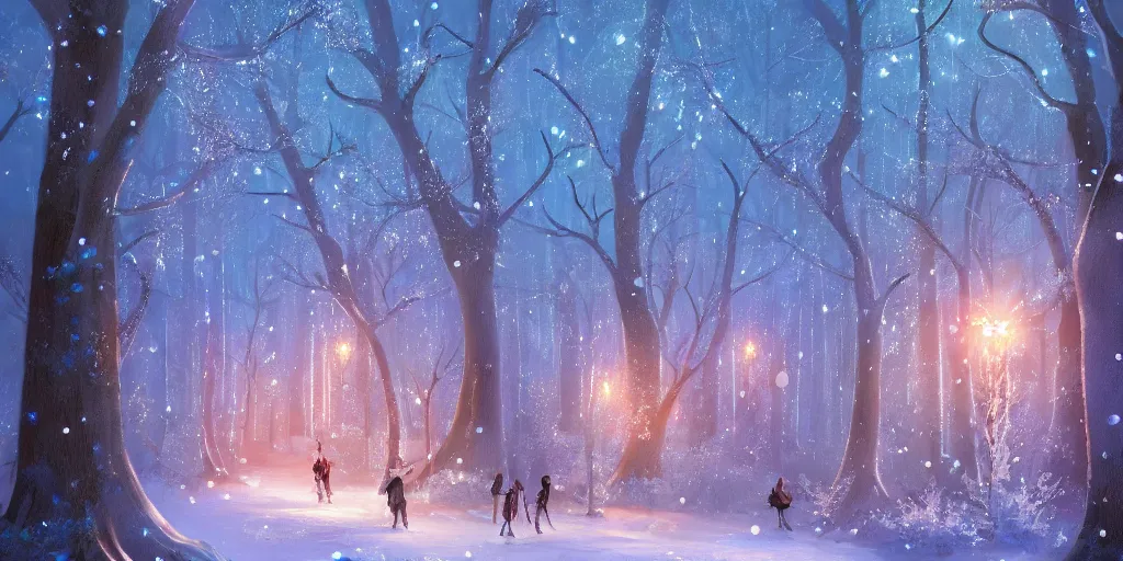 Image similar to high quality illustration of an enchanted magical winter forest::night time, glowing sparkles, mystic lightning::painted by Daisuke Tsutsumi, artstation art