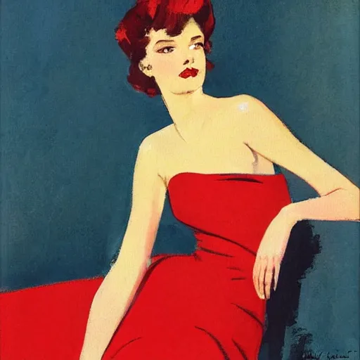 Prompt: a saturday evening post illustration of a french fashion model posing in a red dress by coby whitmore