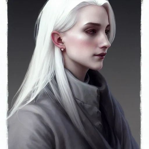 Image similar to white haired aristocrat, full body portrait, gentle, solemn face, cloth, female, city landscape, d & d, fantasy, intricate, elegant, digital painting, white grey color palette, artstation, octane render, concept art, matte, sharp focus, illustration, herrarthstone, art by artgerm and greg rutkowski and alphonse mucha