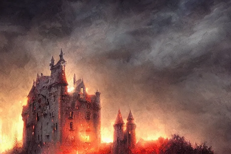 Prompt: Abandoned Castle of the Fire Goddess, atmospheric, digital art, fantasy, magic, arcane, volumetric lighting, illustration by Seb McKinnon, realistic