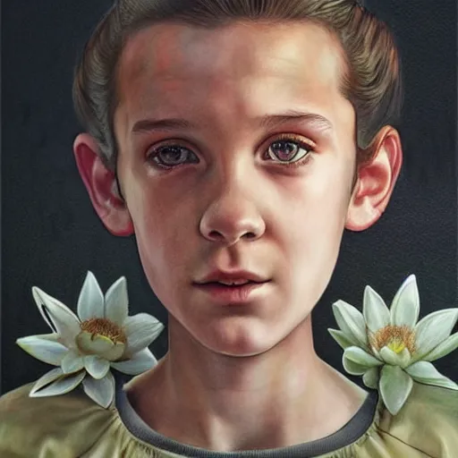 Prompt: beautiful teenage portrait of Eleven from the stranger things by (((Marco Mazzoni ))) marco mazzoni ,dark ,detailed!! ,(((flowers on hair))) ,portrait, side light!!!