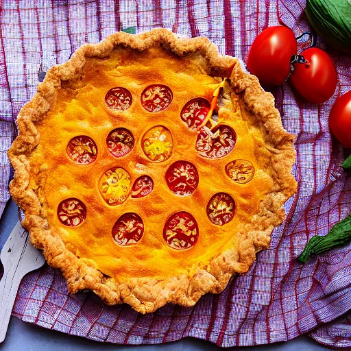 Prompt: tomato corn pie sitting in windowsill food photography studio lighting medium format photography