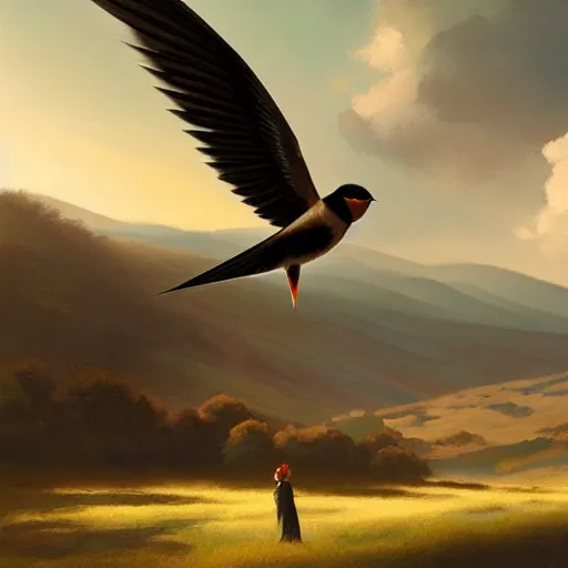 Image similar to spanish swallow birds flying in avila, golondrinas, green fields, dawn, summer season, 4 k, midday light, concept art, by wlop, ilya kuvshinov, artgerm, krenz cushart, greg rutkowski, pixiv. cinematic dramatic atmosphere, sharp focus, volumetric lighting, cinematic lighting, studio quality